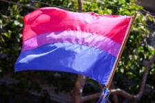 Image of the Bisexual Pride flag, with pink, purple, and blue stripes, flying in front of a background of green leaves