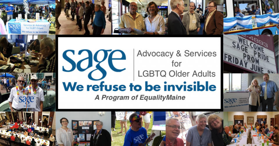Photos of SAGE members at events placed around the SAGE Maine logo.